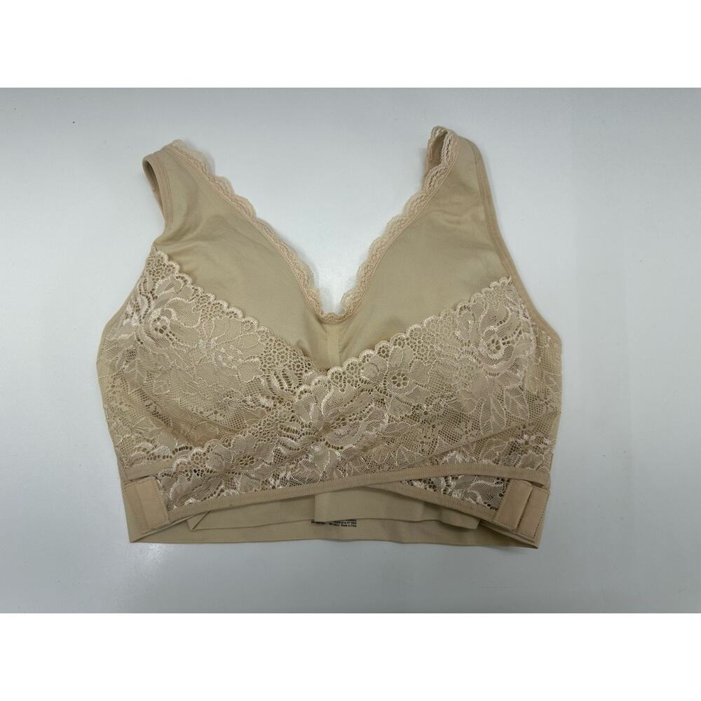 Cara Mia Womens Bra Size 2X Tan Lace Front Criss Cross Staps Adjustable Padded